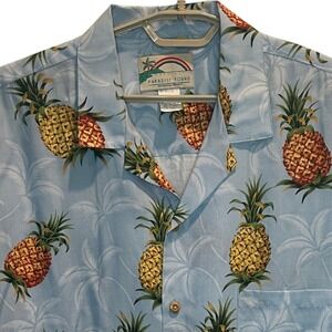 Paradise Found Pineapple Hawaiian Shirt XL Men's Blue Rayon Made in Hawaii Aloha